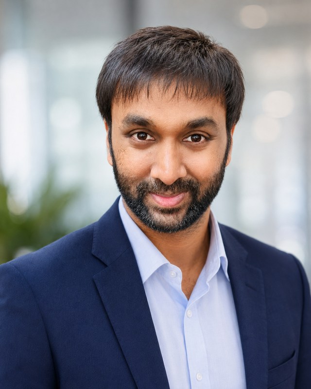 Portrait of Sankar, engineering leader and author of The Engineering Leader's Guide, in a navy blazer