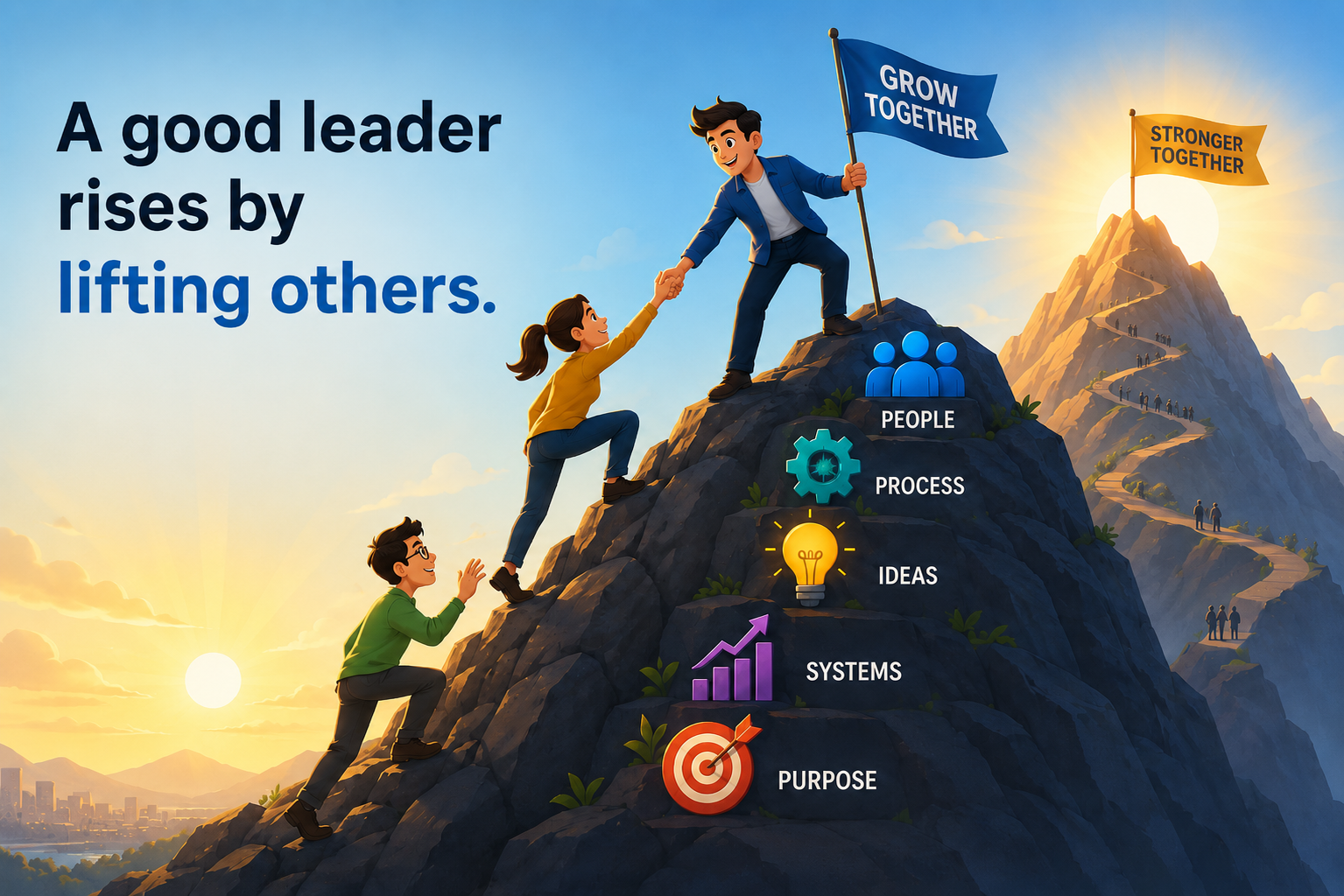 A leader helping team members climb a mountain, with flags reading Grow Together and Stronger Together, symbolizing people, process, ideas, systems, and purpose.